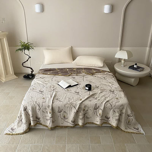 Couette réversible en gaze de coton de style rétro avec pompons
