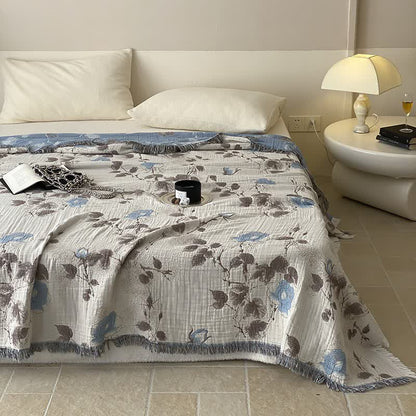 Couette confortable en gaze de coton à quatre couches avec pompon