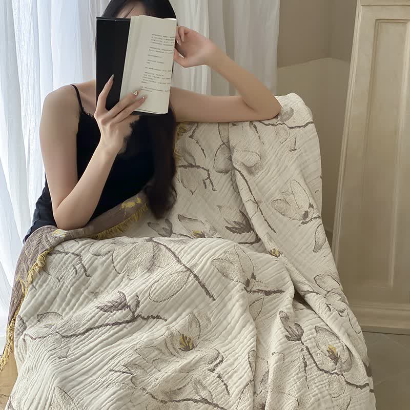 Couverture de canapé rétro en gaze de coton avec pompons
