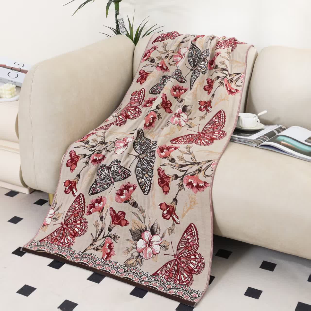 Serviette de bain en gaze de coton respirante avec motif floral et papillon
