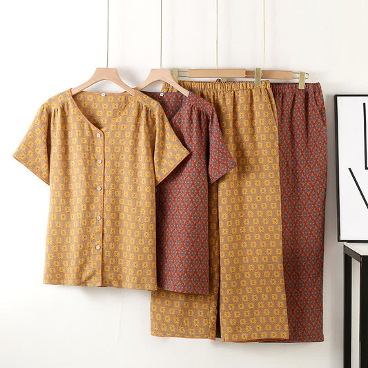 Ensemble pyjama en gaze de coton à motif jacquard vintage et col en V