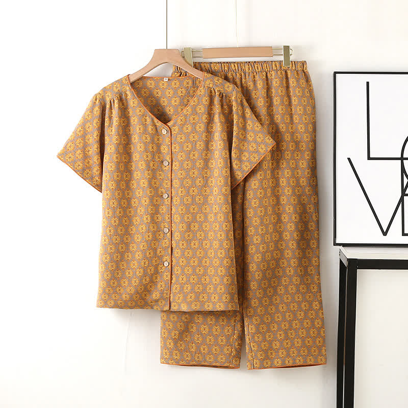 Ensemble pyjama en gaze de coton à motif jacquard vintage et col en V