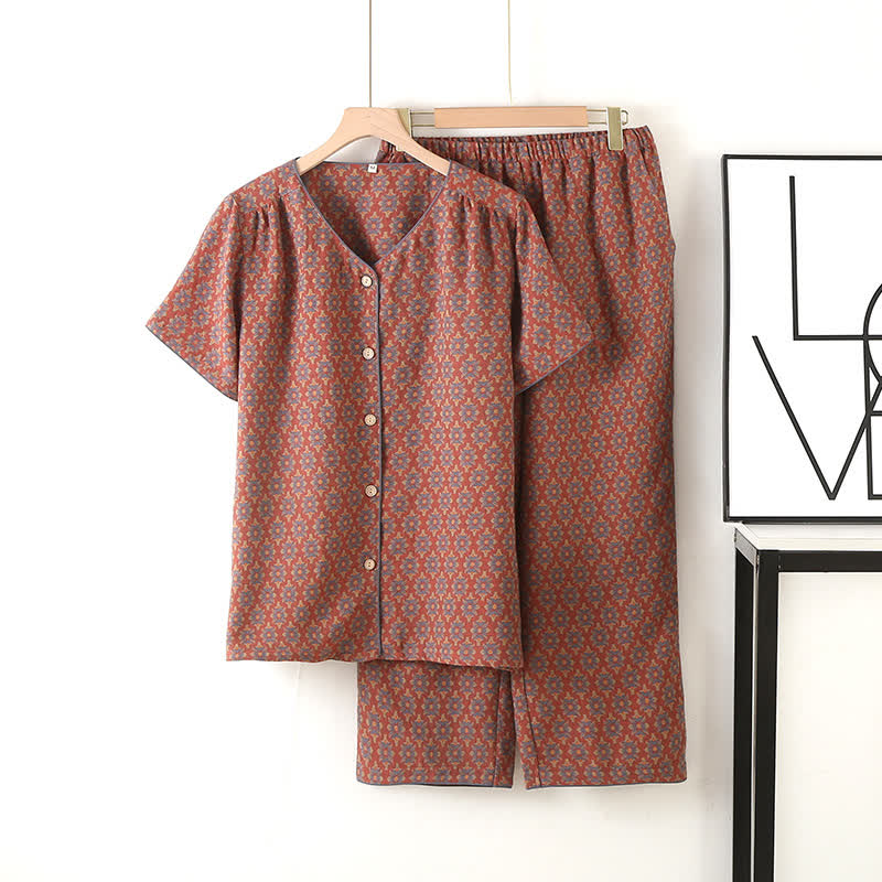 Ensemble pyjama en gaze de coton à motif jacquard vintage et col en V