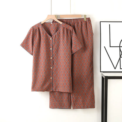 Ensemble pyjama en gaze de coton à motif jacquard vintage et col en V