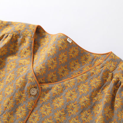 Ensemble pyjama en gaze de coton à motif jacquard vintage et col en V