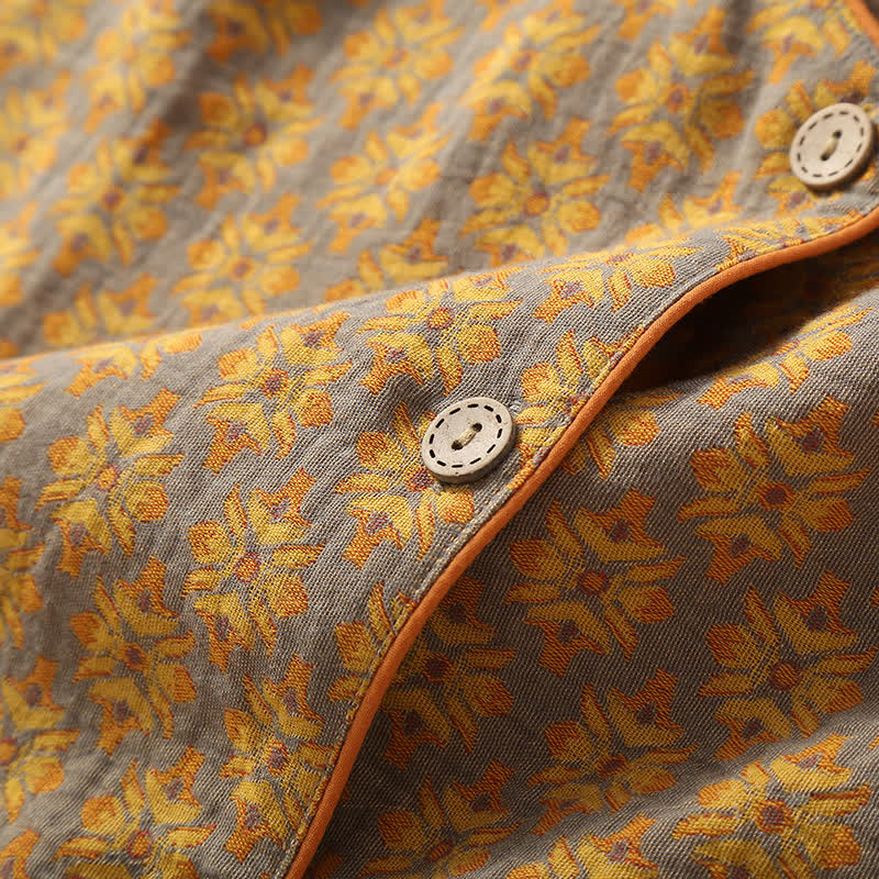 Ensemble pyjama en gaze de coton à motif jacquard vintage et col en V
