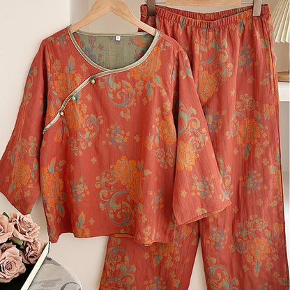 Ensemble pyjama décontracté en gaze de coton jacquard rétro