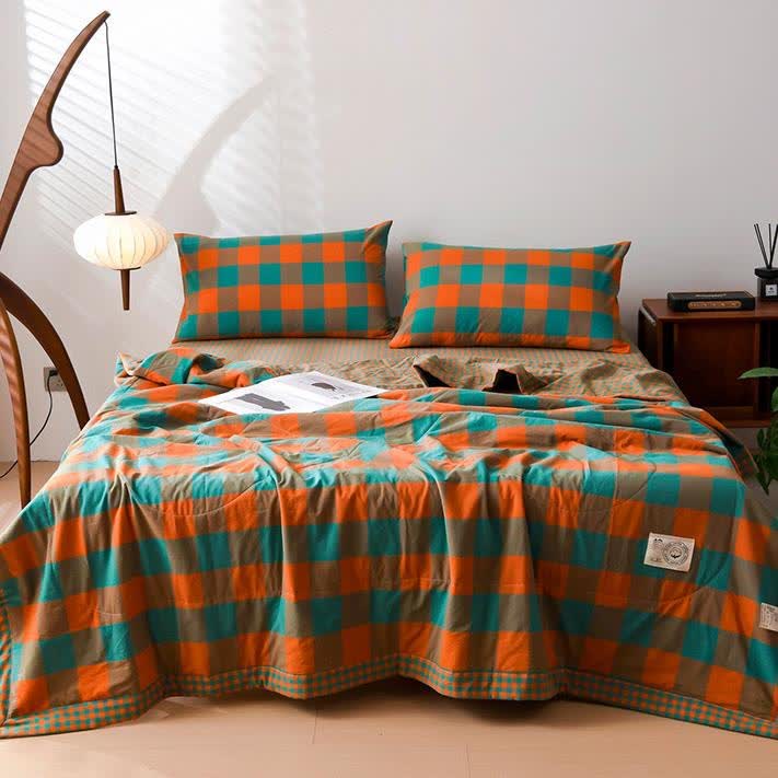 Linge de lit vintage à carreaux teint en fil en pur coton