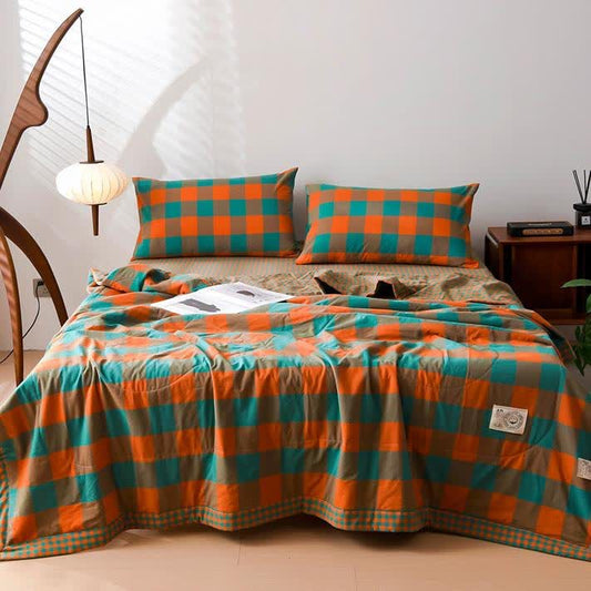Linge de lit vintage à carreaux teint en fil en pur coton