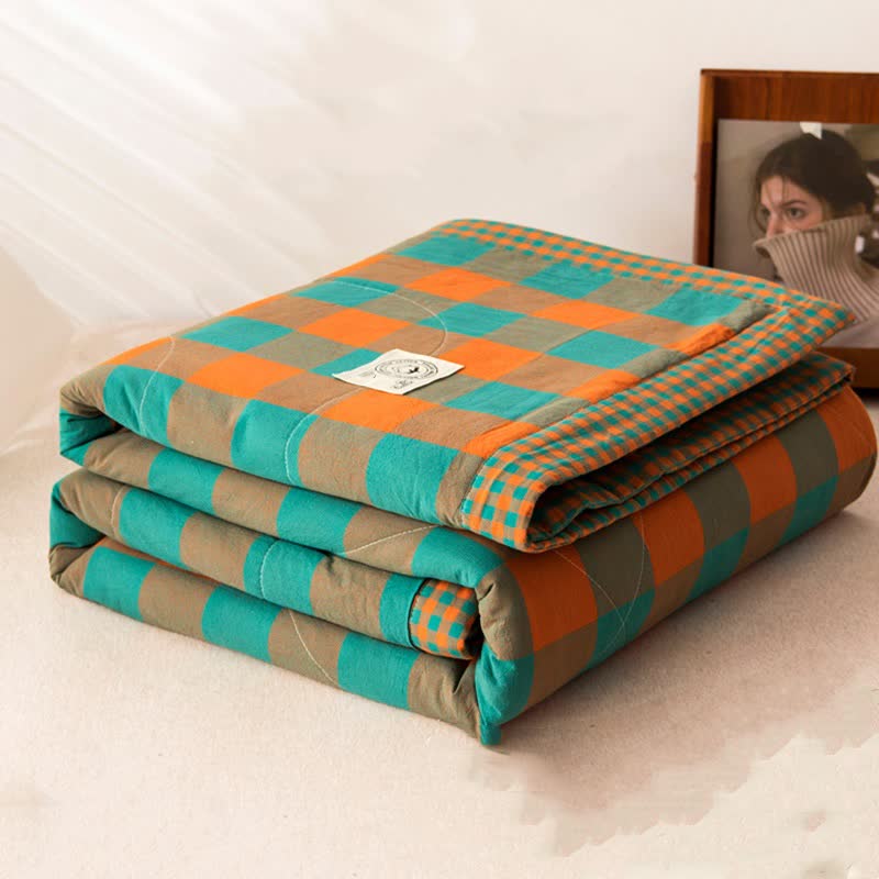 Linge de lit vintage à carreaux teint en fil en pur coton
