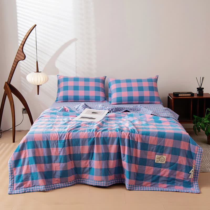 Linge de lit vintage à carreaux teint en fil en pur coton