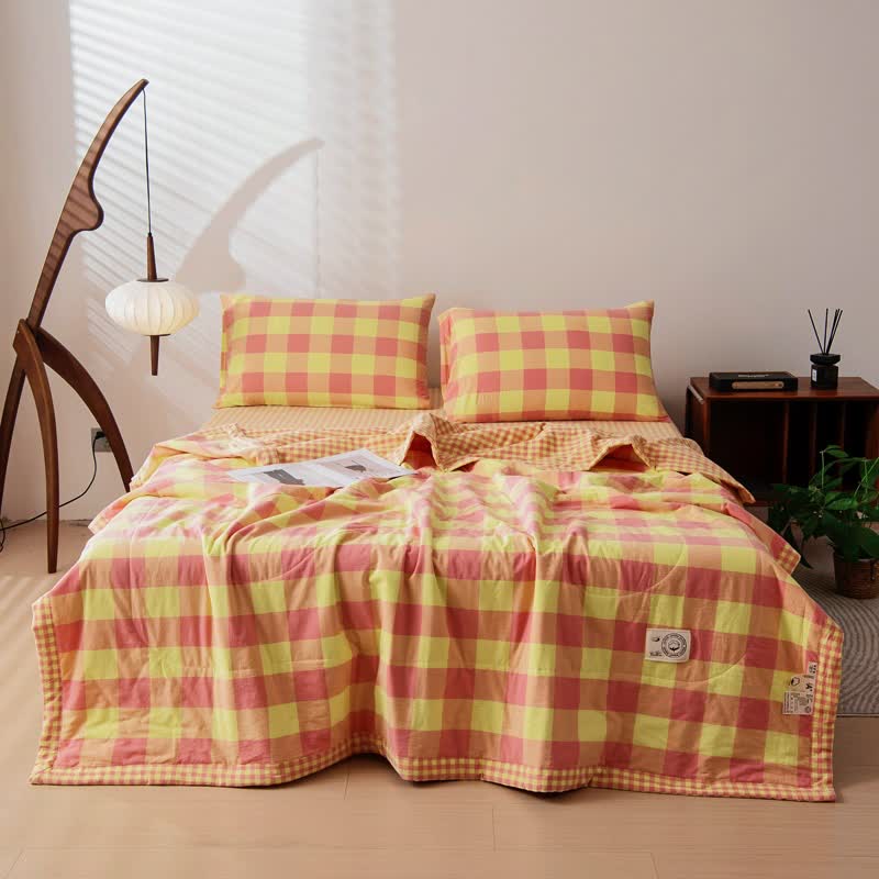Linge de lit vintage à carreaux teint en fil en pur coton