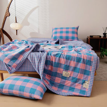 Linge de lit vintage à carreaux teint en fil en pur coton