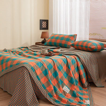 Linge de lit vintage à carreaux teint en fil en pur coton