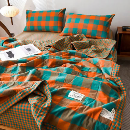 Linge de lit vintage à carreaux teint en fil en pur coton