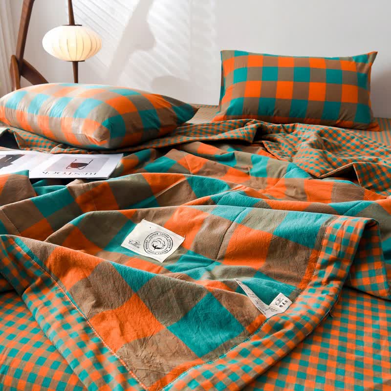 Linge de lit vintage à carreaux teint en fil en pur coton