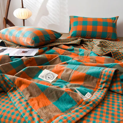 Linge de lit vintage à carreaux teint en fil en pur coton