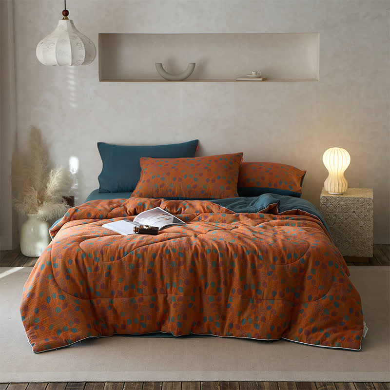 Linge de lit confortable en gaze de coton avec motif de feuilles jacquard
