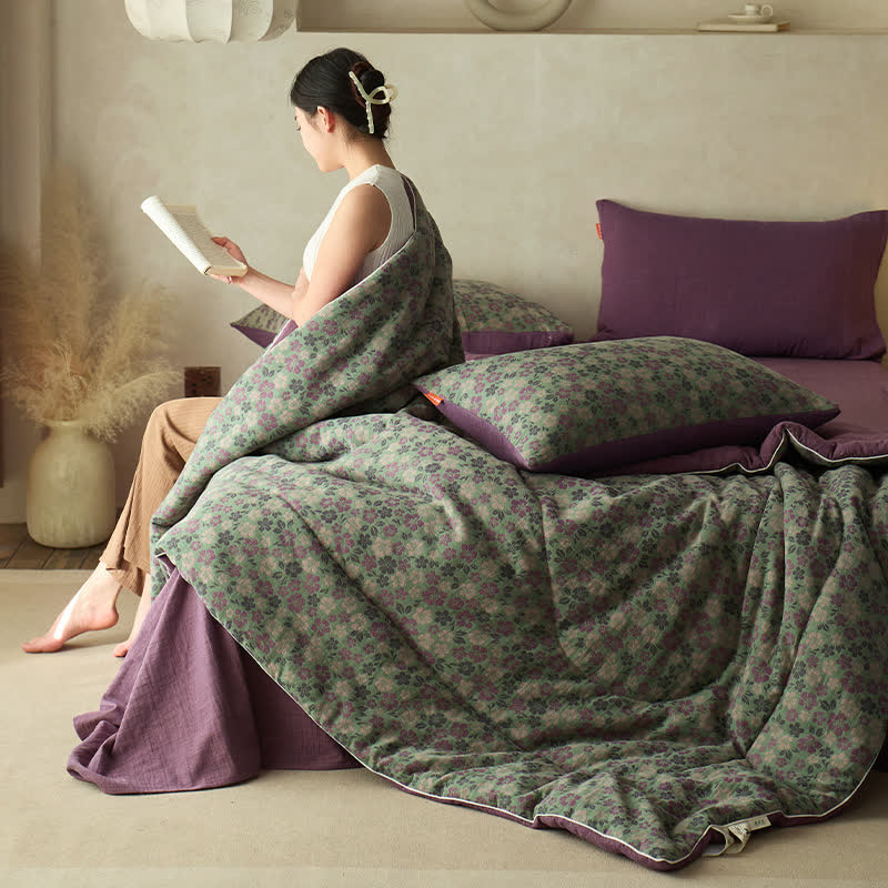 Linge de lit confortable en gaze de coton avec motif floral jacquard