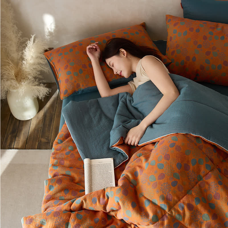 Linge de lit confortable en gaze de coton avec motif de feuilles jacquard