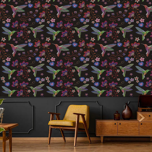 Papier peint amovible à motif de fleurs et d'oiseaux à décoller et à coller