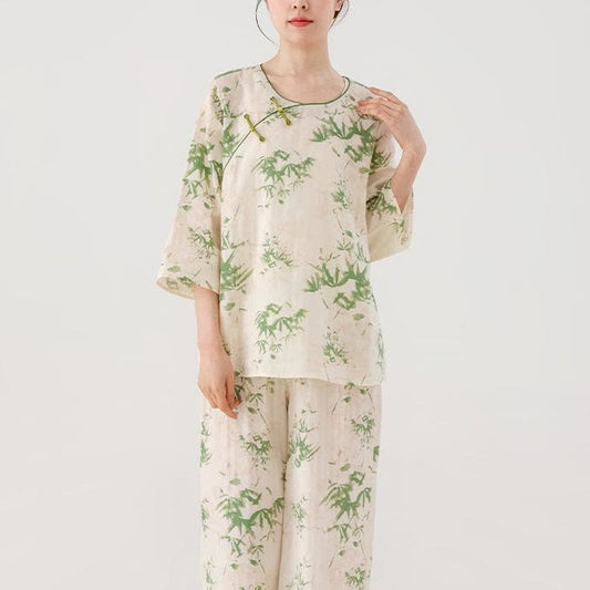 Ensemble de nuit en gaze de coton et bambou vert