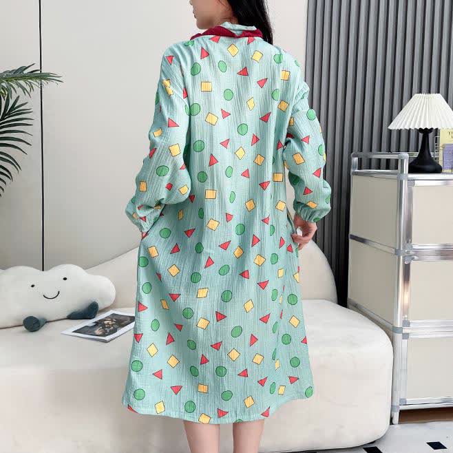 Chemise de nuit kimono surdimensionnée en gaze de coton géométrique