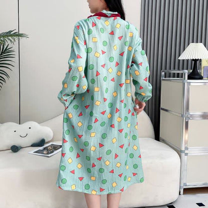 Chemise de nuit kimono surdimensionnée en gaze de coton géométrique