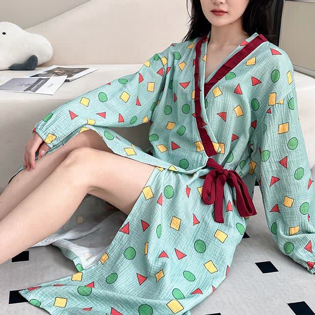Chemise de nuit kimono surdimensionnée en gaze de coton géométrique