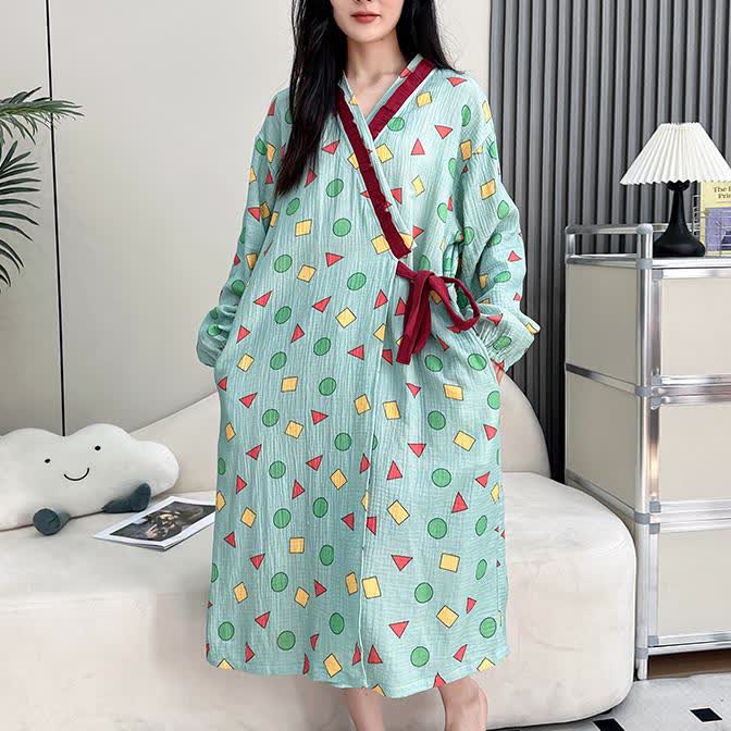 Chemise de nuit kimono surdimensionnée en gaze de coton géométrique