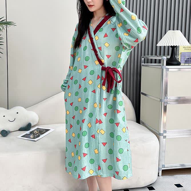 Chemise de nuit kimono surdimensionnée en gaze de coton géométrique