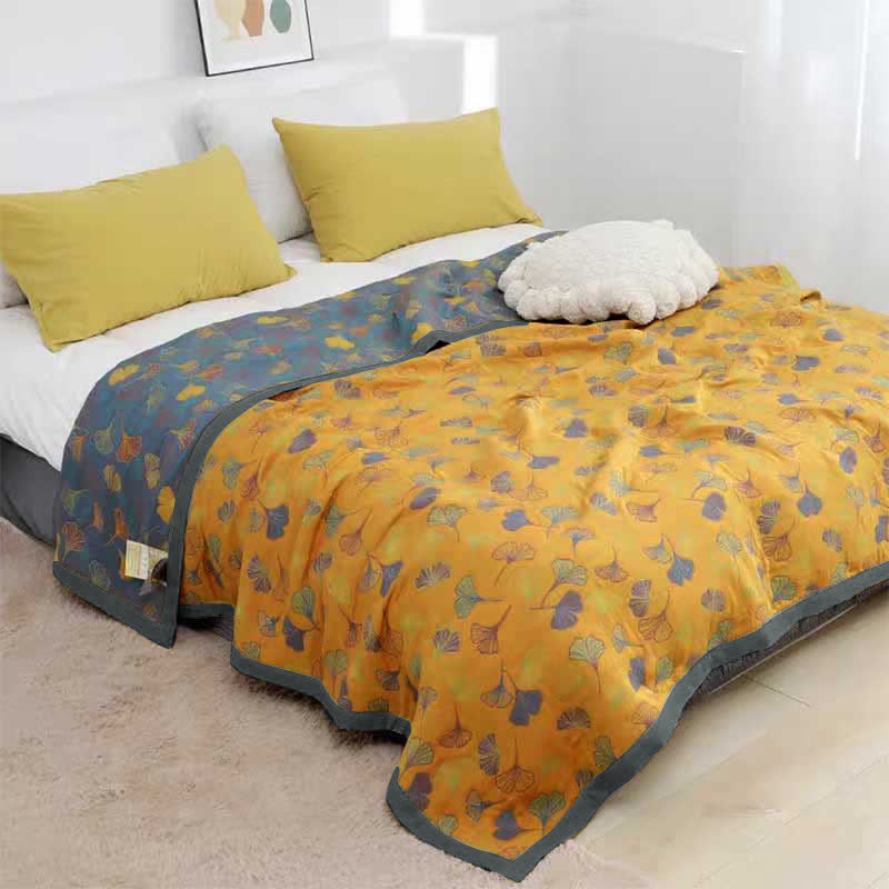 Couette réversible en coton à motif de feuilles de ginkgo