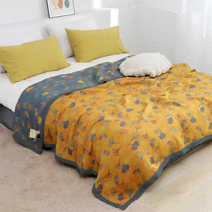 Couette réversible en coton à motif de feuilles de ginkgo