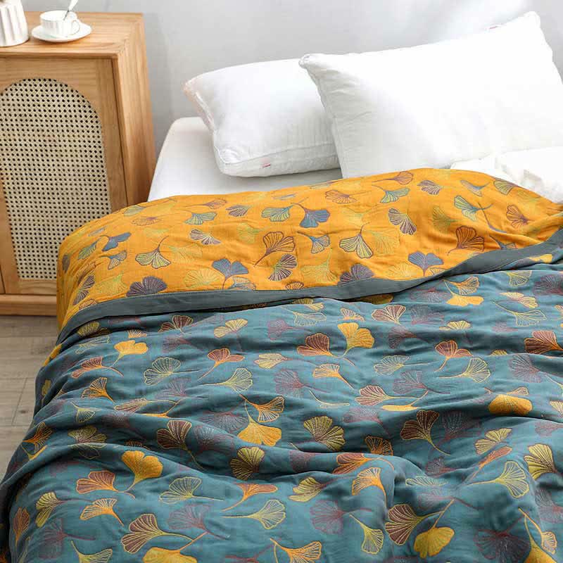 Couette réversible en coton à motif de feuilles de ginkgo