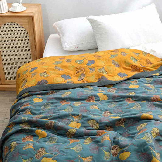 Couette réversible en coton à motif de feuilles de ginkgo