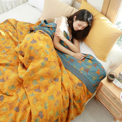 Couette réversible en coton à motif de feuilles de ginkgo