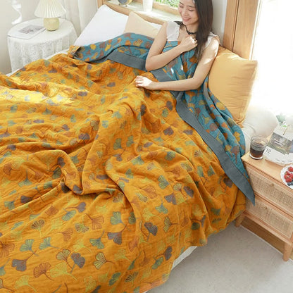Couette réversible en coton à motif de feuilles de ginkgo