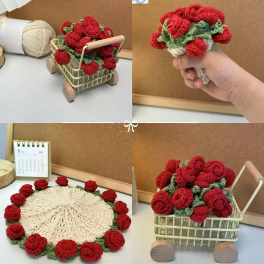 Dessous de verre crocheté fait main avec un bouquet de roses