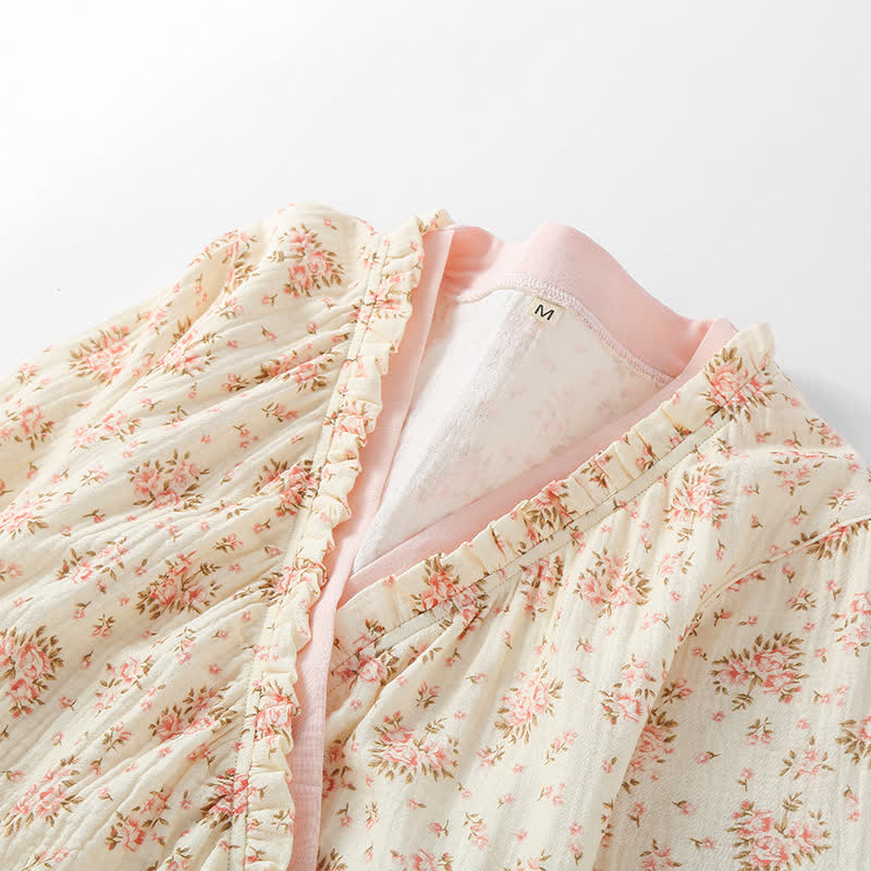 Chemise de nuit à manches longues en double gaze de coton à motif floral