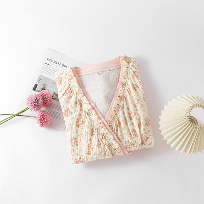 Chemise de nuit à manches longues en double gaze de coton à motif floral