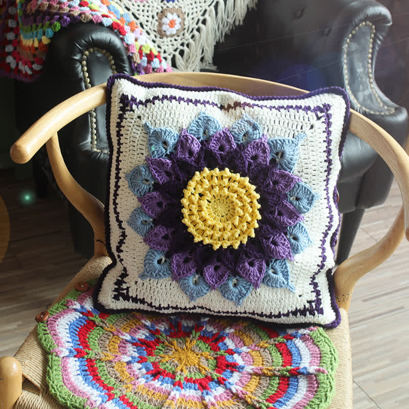 Housse de coussin décorative au crochet faite à la main, style pastoral