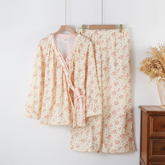 Ensemble de vêtements d'intérieur à manches longues en double gaze de coton à fleurs