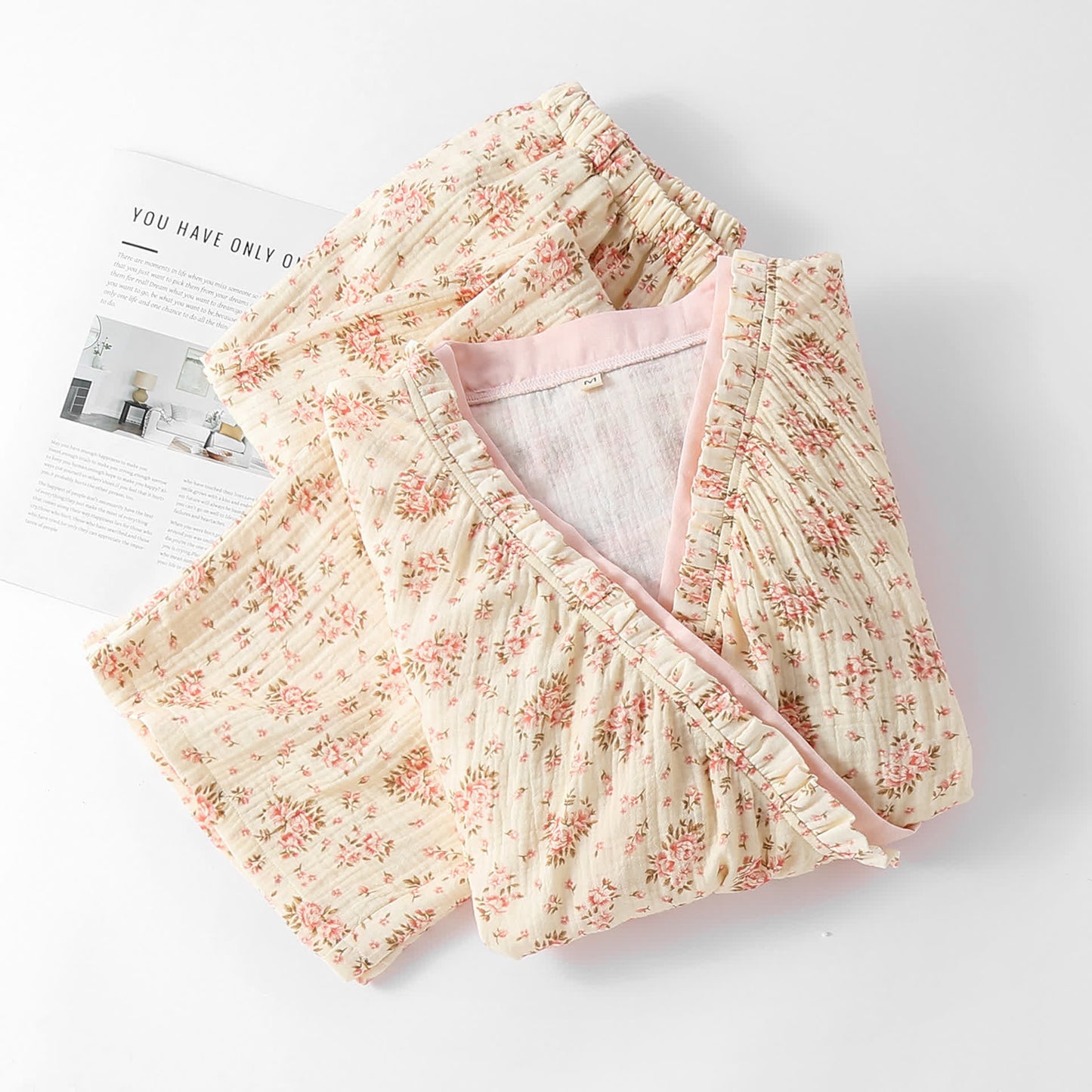 Ensemble de vêtements d'intérieur à manches longues en double gaze de coton à fleurs