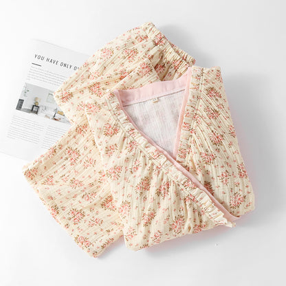 Ensemble de vêtements d'intérieur à manches longues en double gaze de coton à fleurs