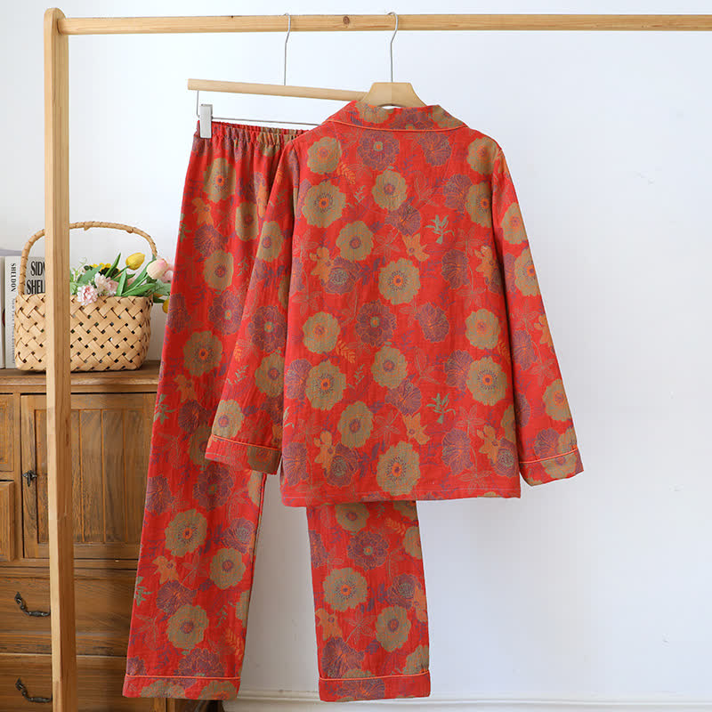 Ensemble de vêtements d'intérieur en pur coton jacquard teint en fil avec motif pivoine