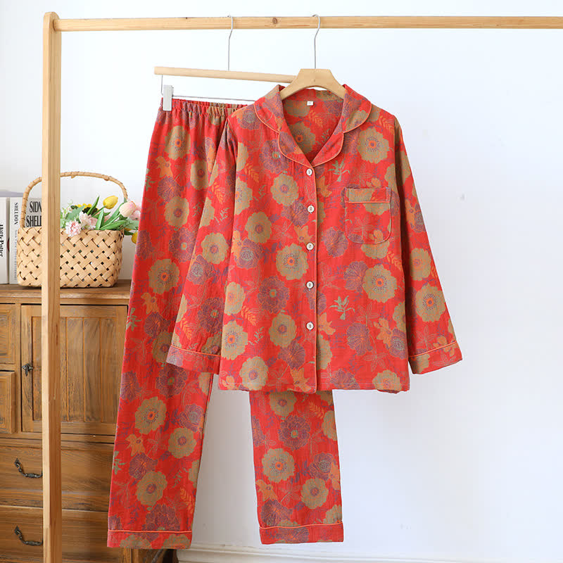 Ensemble de vêtements d'intérieur en pur coton jacquard teint en fil avec motif pivoine