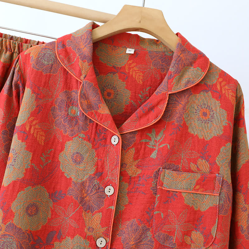 Ensemble de vêtements d'intérieur en pur coton jacquard teint en fil avec motif pivoine