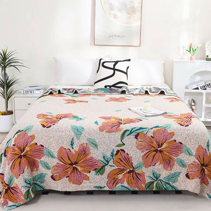 Couette réversible en gaze de coton à motif jacquard et motif fleur de pêcher
