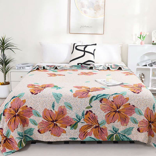 Couette réversible en gaze de coton à motif jacquard et motif fleur de pêcher