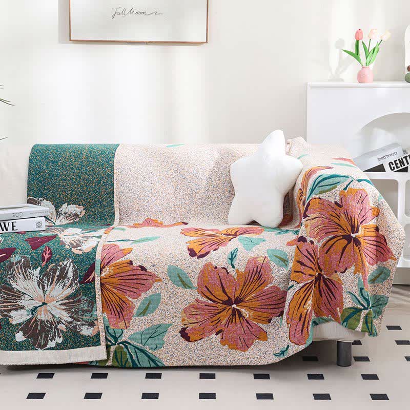 Couette réversible en gaze de coton à motif jacquard et motif fleur de pêcher